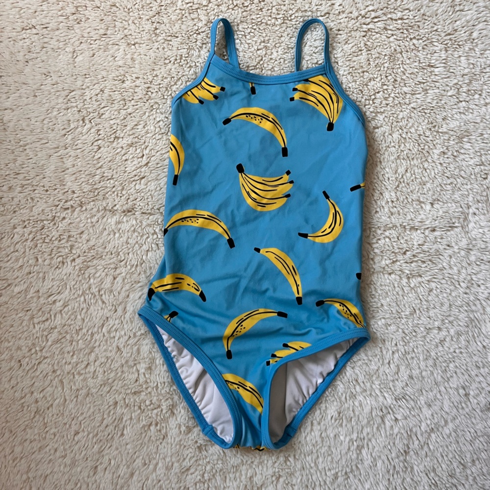 Hanna Andersson Blue Banana Print Girls One-Piece Swimsuit Sz 5
